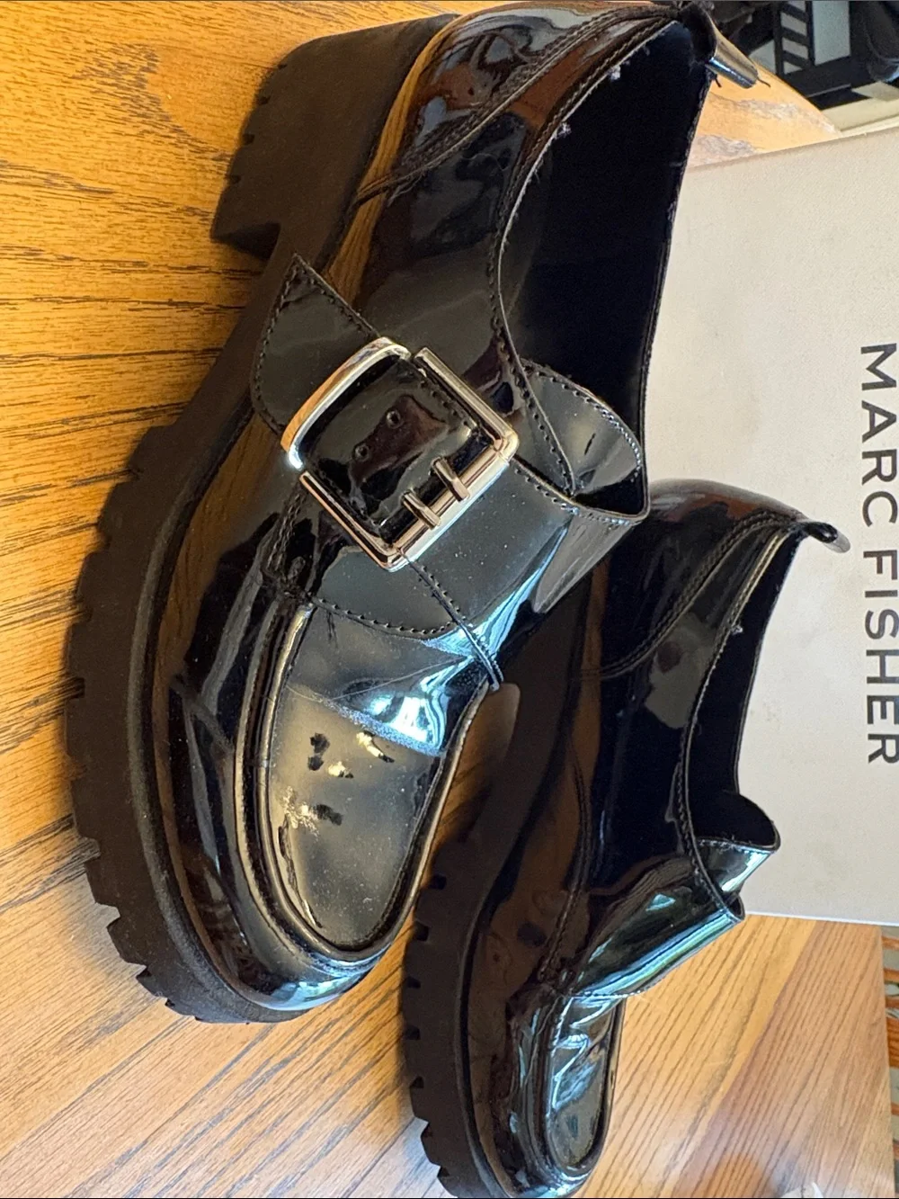 Marc Fisher Black Patent Leather Buckle Slip-On Loafers